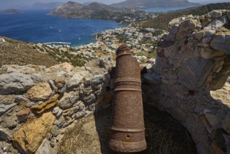 Old cannon on ruins overlooking the sea and surrounding landscape of hills, Pandeli Castle, Castle,