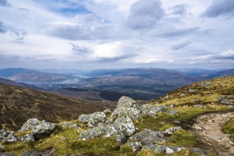 View from Nevis Range Mountains, Grampian Mountains, Fort William, Highland, Lochaber, Scotland, UK