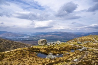 View from Nevis Range Mountains, Grampian Mountains, Fort William, Highland, Lochaber, Scotland, UK