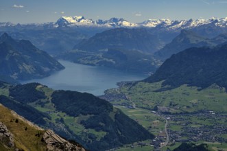 View from Pilatus Kulm mountain station to Stanser Horn, Lake Lucerne, Swiss mountain range, Alps,