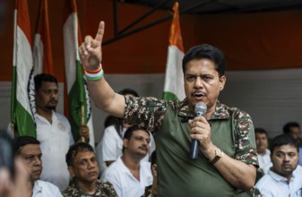 Bhupen Kumar Borah, president of Assam Congress committee speaks during celebrate after Indian