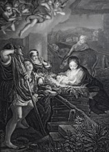 The Holy Night, Birth of Jesus in the stable at Bethlehem, steel engraving after a genre painting