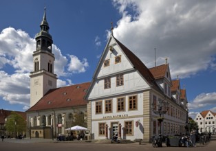 Town church and old town hall, south gable with pillory, Stechbahn, Celle, Lower Saxony, Germany