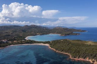 Aerial view, Plage de Rondinara, turquoise sea, sandy beach, bay, Corsica, France