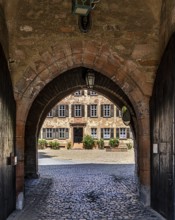 The old castle with Barbarossaplatz and the castle café in the old town centre of Büdingen, Hesse,