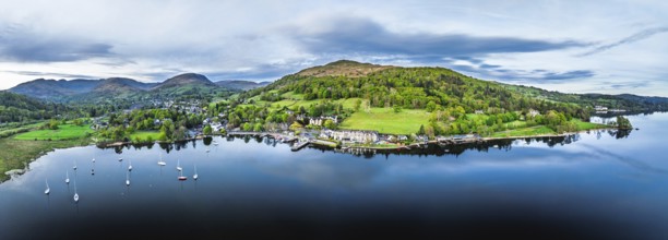 Panorama of Sunset over Windermere Lake from a drone, Ambleside, Lake District, Cumbria, England,