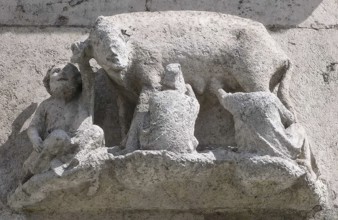 Stone sculpture, wall pillar outside the south entrance, the Judensau from the 14th century, at