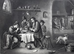 Company of smokers in the parlour of a farmhouse, around 1650, Historic, digitally restored