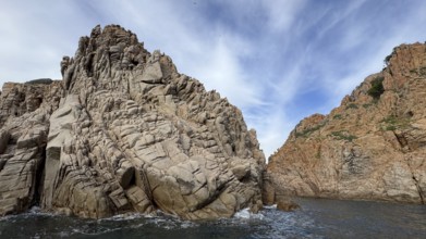 Rock formations and deep blue water, Capo Rosso, Gulf of Porto, Corsica, Corsica, France