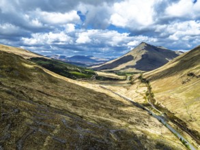 Montaims over West Highland Way A82 from a drone, Clifton, Crianlarich, Highland, Scotland, UK