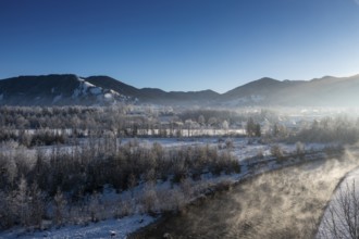 Sunrise on the Isar, Isar valley near Arzbach, Tölzer Land, in winter, aerial view, Upper Bavaria,