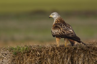Red Kite (Milvus milvus), perched on a bale, Castile and Leon, Spain