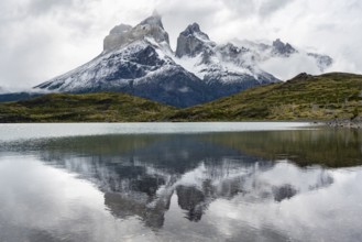 Cuernos del Paine mountain range, reflection in Lago Nordenskjöld, Torres del Paine National Park,