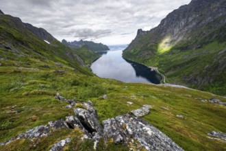 View of Øyfjorden fjord and mountains, fjord landscape with mountain peaks, hike to Barden