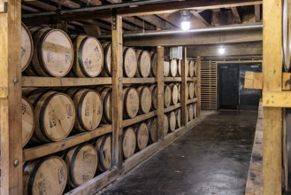 Barrels of whiskey aging in one of the barrel houses at the Jack Daniel Distillery in Lynchburg,