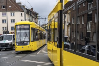 Ruhrbahn tram, on Altendorfer Straße, intersection Helenenstraße, in Essen, rush hour, traffic,