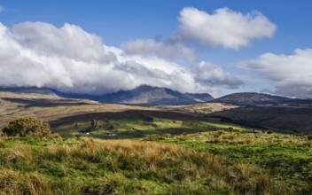 Farms over Loch Harport, Drynoch, Isle of Skye, Scotland, UK