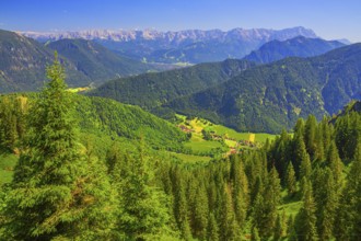 View from the Laber to Ettal and the Wetterstein mountains with the Zugspitze 2962m, Oberammergau,