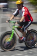 Man riding a bicycle, Photo with motion blur, City of Quito, Pichincha province, Ecuador, South