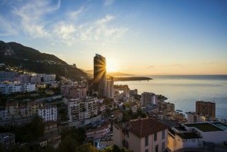 Panorama, Skyline with skyscrapers by the sea, Sunrise, Monte Carlo, Cote d'Azur, Monaco