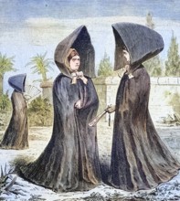 Women's traditional costume from the island of Fayal, Azores, coloured wood engraving, reproduction