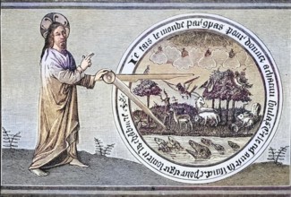 God creates the world with a compass from the 15th century miniature in Brunetto Latini's safe from
