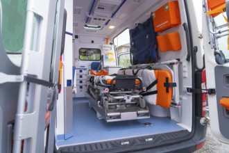 Interior view of an equipped ambulance with stretcher and emergency equipment, Sindelfingen,