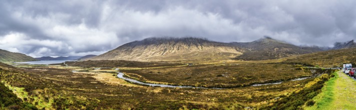 Panorama of Eas a' Bhradain waterfall, Red Cuillin mountains, Loch Ainort, Isle of Skye, Scotland,