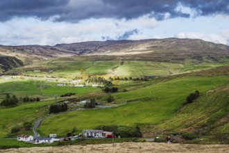 Farms over Loch Harport, Drynoch, Isle of Skye, Scotland, UK