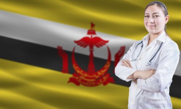 Female doctor on Brunei flag. Doctor with crossed arms on Brunei flag. Brunei health and care