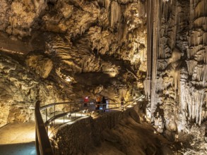 Cueva de Nerja, illuminated cave, large stalagmites and stalagtites, Nerja, Andalusia, Spain