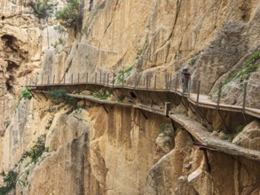 Tourists on the elevated path of the caminito del rey, along a deep gorge, Andalusia, Spain