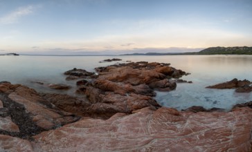 Rocky coast, sunrise, Plage de Palombaggia, Corsica, France
