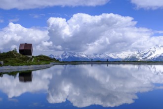 Garnet Chapel, Mario Botta, with snow pond Finkenberg, Penken, Mayrhofen, Zillertal, Tyrol, Austria