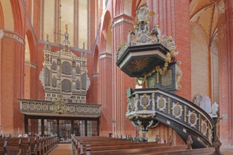 Gothic UNESCO St. Nikolai Church with pulpit and pulpit bonnet, pulpit cover, sounding board,