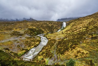 Eas a' Bhradain waterfall, Red Cuillin mountains, Loch Ainort, Isle of Skye, Scotland, UK