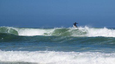 Surfer riding a wave on Contis beach, Saint Julien en Born, Saint-Julien-en-Born, Landes, France