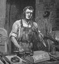 A cutler forging knives, Sheffield, Yorkshire, around 1870, England, digital reproduction of a