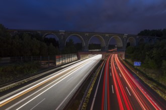 Railway bridge Bahrebachmühlen viaduct over the A4 motorway at night, Chemnitz, Saxony, Germany