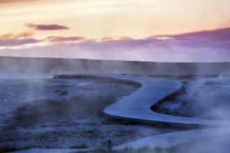Curved wooden path, sulphur vapour, Hveravellir geothermal area, evening sky, Icelandic highlands,