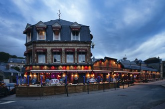 Hotel Restaurant de la tavern des Deux Augustins, blue hour, evening, dusk, Étretat, Normandy,