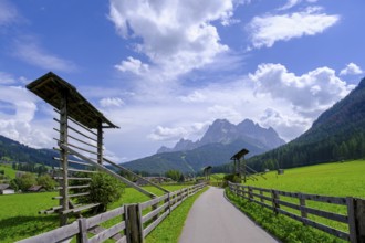 Wooden rack for drying hay, Sesto, Dolomites, Val Pusteria, South Tyrol, Italy