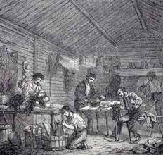 Gold prospector, view into the hut of a gold digger in California, around 1860, America, digitally