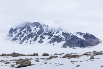 Large boulders in the snow, mountain range, Smeerenburgbreen, Spitsbergen, Svalbard