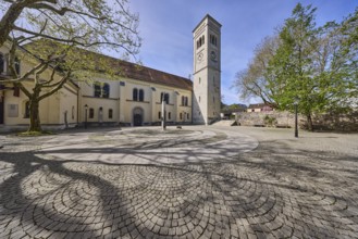 St. Nikolaus, church, trees, square, cobblestones, shadow, blue sky, cloudless,