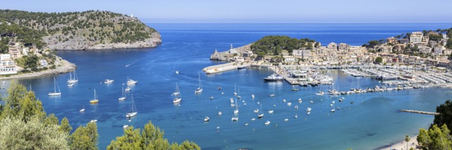 Port de Soller on Majorca from above Holiday by the sea Panorama beach Harbour with boats Trip in