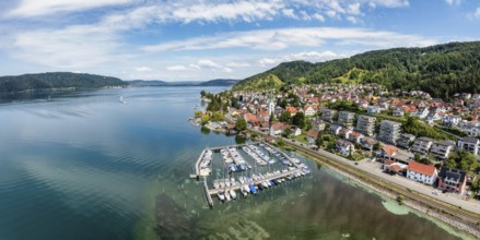 Luftbild, Panorama von der Ortschaft Sipplingen am Bodensee bei sommerlicher Vegetation, gegenüber
