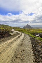 Gravel track through barren moss-covered volcanic landscape, cone-shaped mountain Stapafell, rain