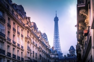 A breathtaking view of the Eiffel Tower peeking above classic Parisian architecture during dusk.
