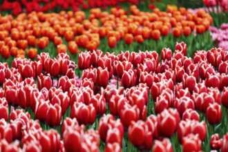 Tulips (Tulipa) in various shades of red, colourful tulip bed, Keukenhof gardens, Lisse,